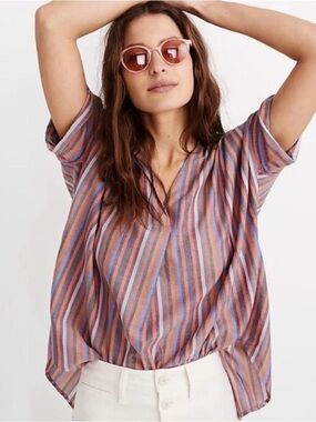 Madewell Cotton Striped V-Neck Short Sleeve Top Back Buttons Size XXS Preppy